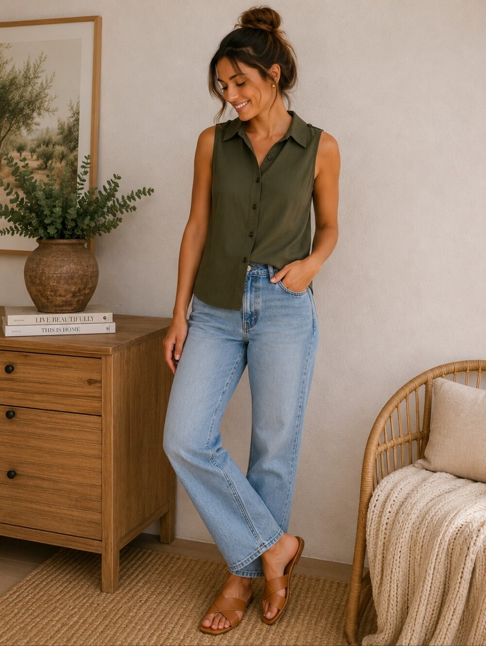 Zeagoo Olive Green Sleeveless Button Front Blouse Top Size M